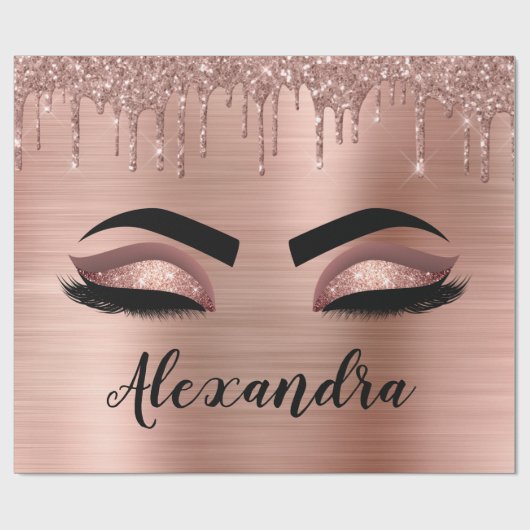 Roos Gold Glitter Sparkle Eyelashes Monogram Naam Cadeaupapier (Vlak)