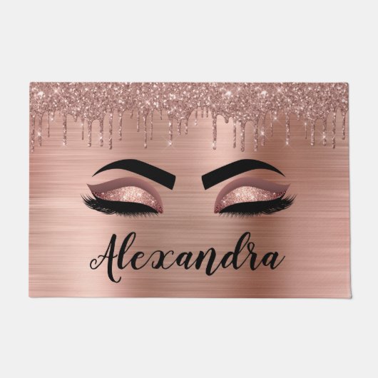 Roos Gold Glitter Sparkle Eyelashes Monogram Naam Deurmat (Voorkant)