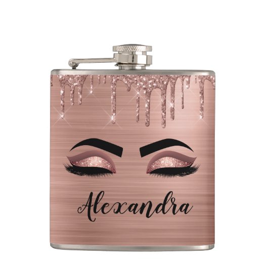 Roos Gold Glitter Sparkle Eyelashes Monogram Naam Heupfles (Voorkant)