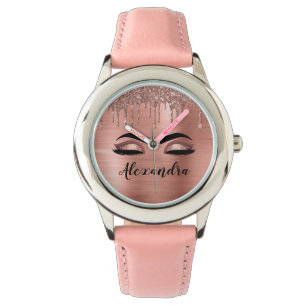 Roos Gold Glitter Sparkle Eyelashes Monogram Naam Horloge