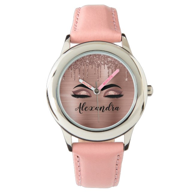 Roos Gold Glitter Sparkle Eyelashes Monogram Naam Horloge (Voorkant)
