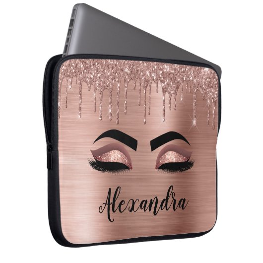 Roos Gold Glitter Sparkle Eyelashes Monogram Naam Laptop Sleeve (Voorkant Rechts)