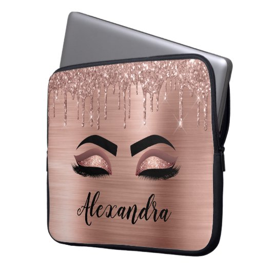 Roos Gold Glitter Sparkle Eyelashes Monogram Naam Laptop Sleeve (Voorkant Links)
