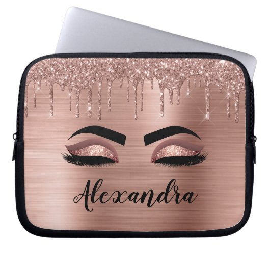 Roos Gold Glitter Sparkle Eyelashes Monogram Naam Laptop Sleeve (Voorkant)
