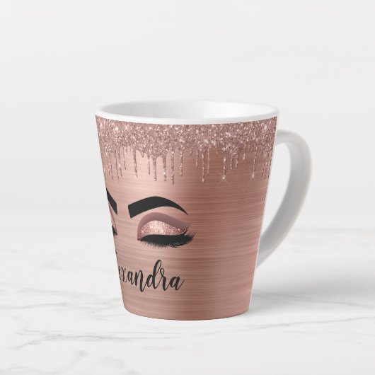 Roos Gold Glitter Sparkle Eyelashes Monogram Naam Latte Mok (Rechterhoek)