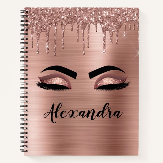 Roos Gold Glitter Sparkle Eyelashes Monogram Naam Notitieboek (Voorkant)