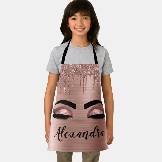 Roos Gold Glitter Sparkle Eyelashes Monogram Naam Schort (Insitu)