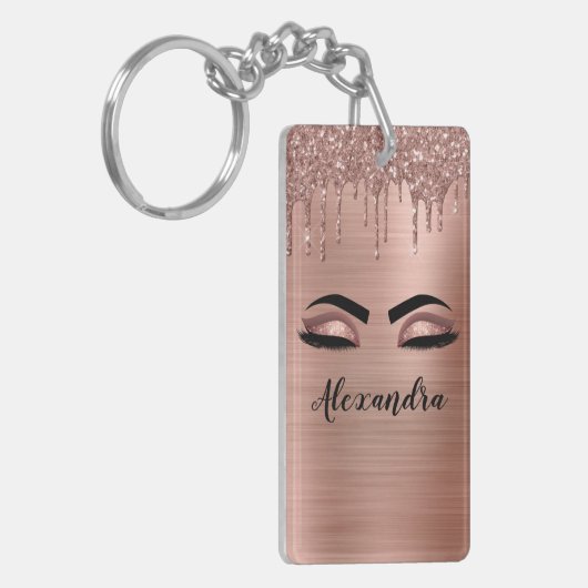 Roos Gold Glitter Sparkle Eyelashes Monogram Naam Sleutelhanger (Voorkant Links)