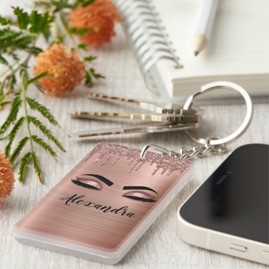 Roos Gold Glitter Sparkle Eyelashes Monogram Naam Sleutelhanger (Voorkant Rechts)