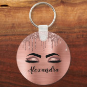 Roos Gold Glitter Sparkle Eyelashes Monogram Naam Sleutelhanger (Voorkant)