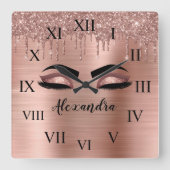 Roos Gold Glitter Sparkle Eyelashes Monogram Naam Vierkante Klok (Voorkant)