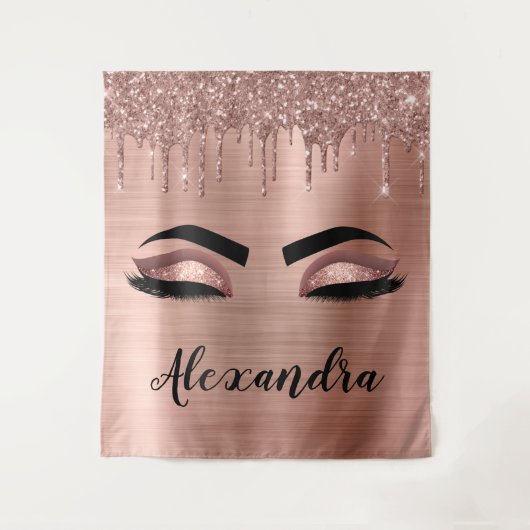 Roos Gold Glitter Sparkle Eyelashes Monogram Naam Wandkleed (Voorkant)