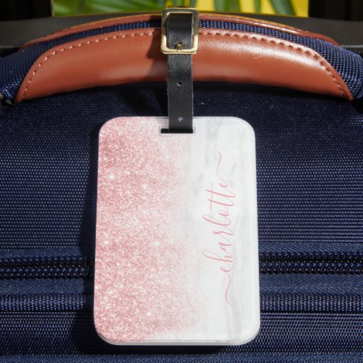 Roos Gold Glitter Sparkle Marble Persoonlijke naam Bagagelabel (Voorkant Insitu 2)