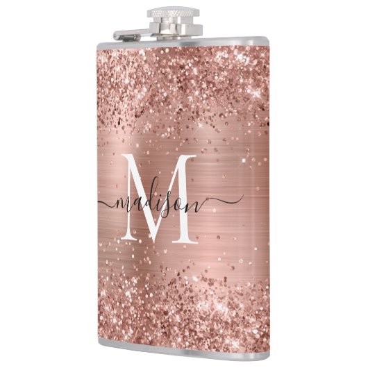 Roos Gold Glitter Sparkle Monogram geborsteld staa Heupfles (Links)