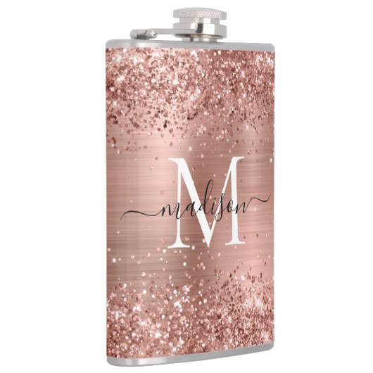 Roos Gold Glitter Sparkle Monogram geborsteld staa Heupfles (Rechts)