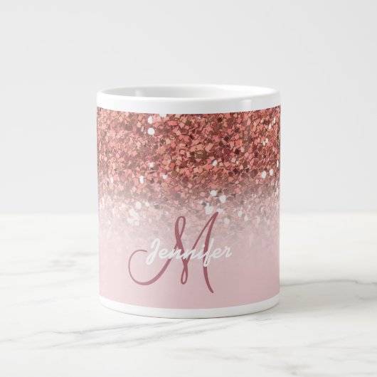 Roos Gold Glitter Sparkle Ombre Monogram Naam Grote Koffiekop (Voorkant)