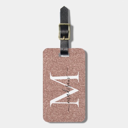 Roos Gold Glitter Sparkle Script Naam Monogram Bagagelabel (Voorkant verticaal)
