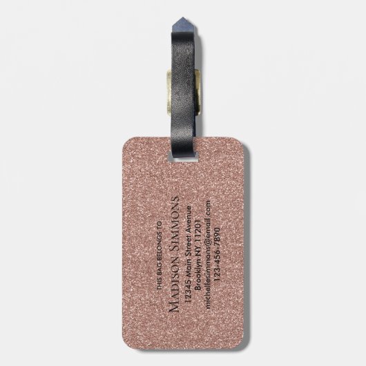 Roos Gold Glitter Sparkle Script Naam Monogram Bagagelabel (Achterkant verticaal)
