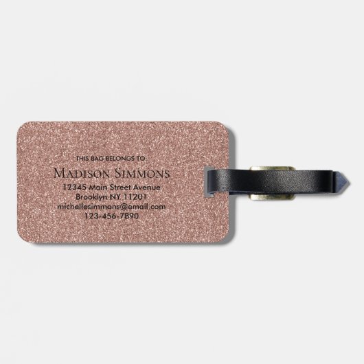 Roos Gold Glitter Sparkle Script Naam Monogram Bagagelabel (Achterkant horizontaal)