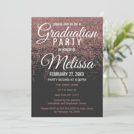 Roos Gold Glitter Sparkles Black Graduation Party Kaart (Staand voorkant)