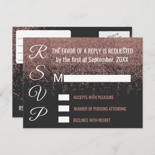 Roos Gold Glitter Sparkles Black RSVP's Uitnodiging Briefkaart (Voorkant / Achterkant)