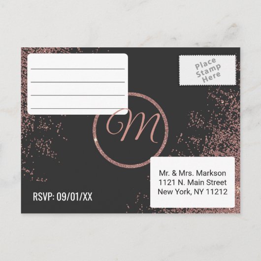 Roos Gold Glitter Sparkles Black RSVP's Uitnodiging Briefkaart (Achterkant)