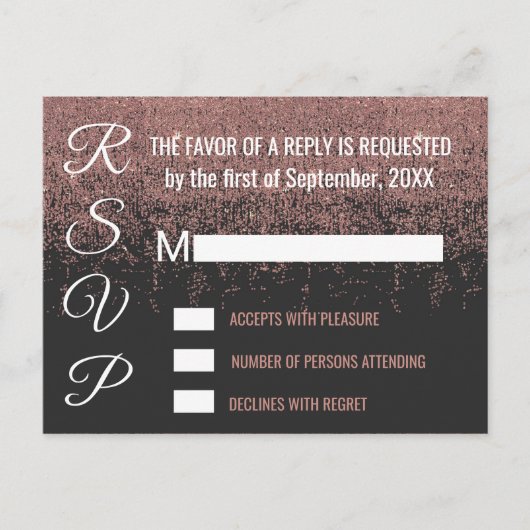 Roos Gold Glitter Sparkles Black RSVP's Uitnodiging Briefkaart (Voorkant)