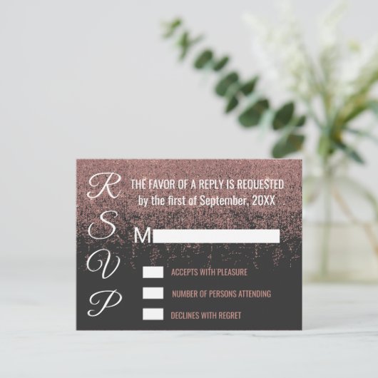 Roos Gold Glitter Sparkles Black RSVP's Uitnodiging Briefkaart (Staand voorkant)
