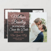 Roos Gold Glitter Sparkles Black Save the Dates Aankondigingskaart (Voorkant / Achterkant)