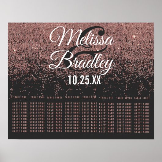 Roos Gold Glitter Sparkles Black Seating Chart Poster (Voorkant)