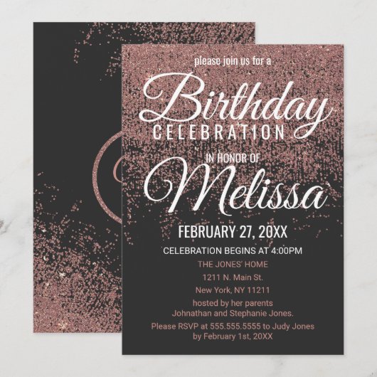 Roos Gold Glitter Sparkles Black Verjaardagsfeest Kaart (Voorkant / Achterkant)