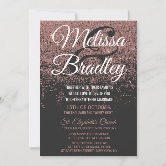 Roos Gold Glitter Sparkles Black Wedding Kaart (Voorkant)