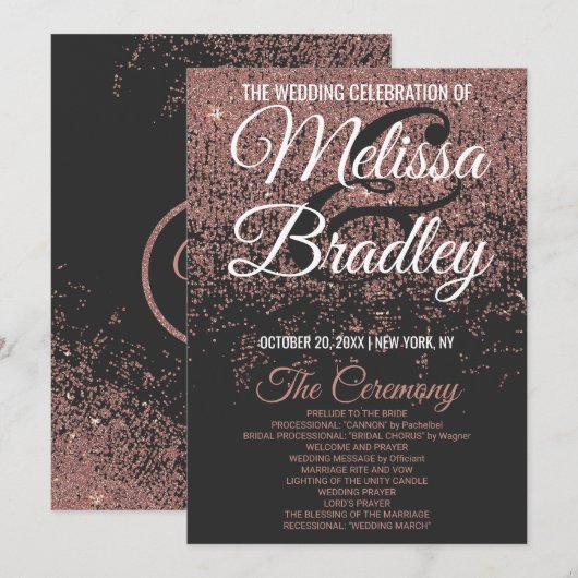 Roos Gold Glitter Sparkles Black Wedding Programs Programmakaart (Voorkant / Achterkant)