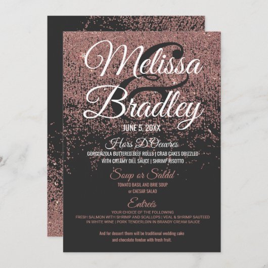 Roos Gold Glitter Sparkles Black Weduwmenu Menu (Voorkant / Achterkant)