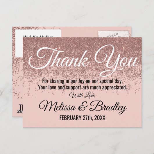 Roos Gold Glitter Sparkles Blush Pink Dank u Briefkaart (Voorkant / Achterkant)