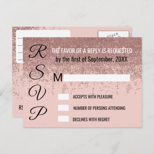 Roos Gold Glitter Sparkles Blush Pink RSVP's Uitnodiging Briefkaart (Voorkant / Achterkant)