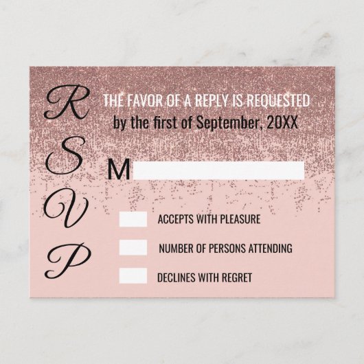 Roos Gold Glitter Sparkles Blush Pink RSVP's Uitnodiging Briefkaart (Voorkant)