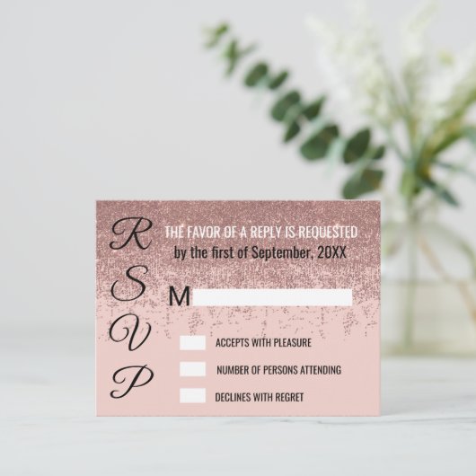Roos Gold Glitter Sparkles Blush Pink RSVP's Uitnodiging Briefkaart (Staand voorkant)