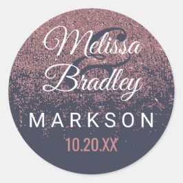 Roos Gold Glitter Sparkles Navy Blue Bruiloft Ronde Sticker