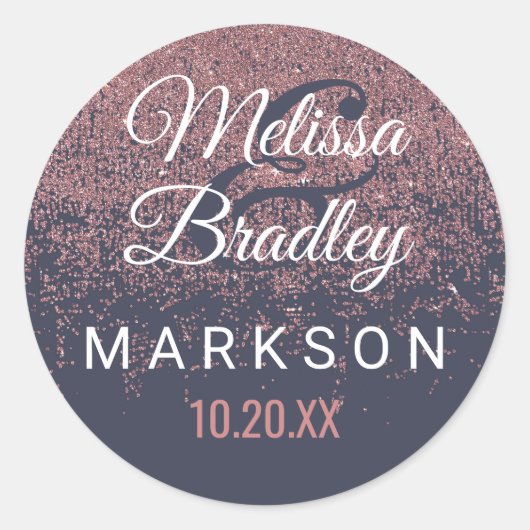 Roos Gold Glitter Sparkles Navy Blue Bruiloft Ronde Sticker (Voorkant)