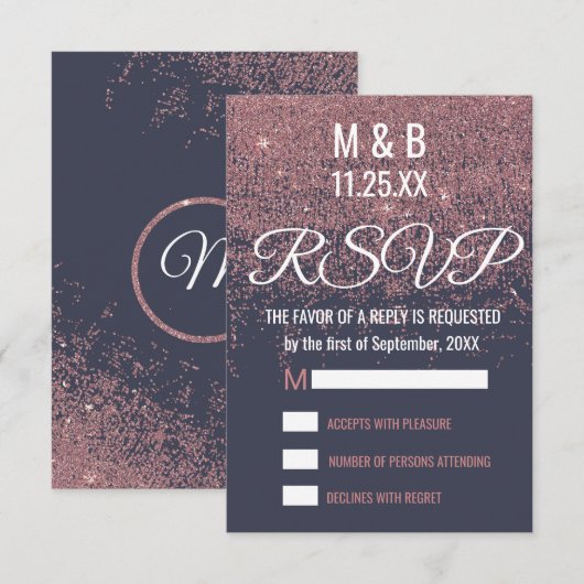 Roos Gold Glitter Sparkles Navy Blue RSVP (Voorkant / Achterkant)