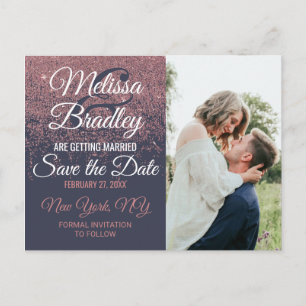 Roos Gold Glitter Sparkles Navy Blue Save Dates Aankondigingskaart