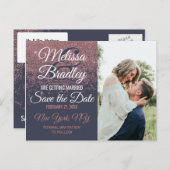 Roos Gold Glitter Sparkles Navy Blue Save Dates Aankondigingskaart (Voorkant / Achterkant)