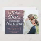 Roos Gold Glitter Sparkles Navy Blue Save Dates Kaart (Voorkant)