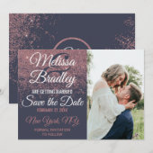 Roos Gold Glitter Sparkles Navy Blue Save Dates Kaart (Voorkant / Achterkant)