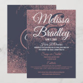 Roos Gold Glitter Sparkles Navy Blue Wedding Menu (Voorkant / Achterkant)