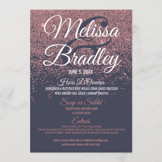 Roos Gold Glitter Sparkles Navy Blue Wedding Menu (Voorkant)