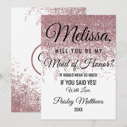 Roos Gold Glitter Sparkles White Maid of Honor Kaart (Voorkant / Achterkant)