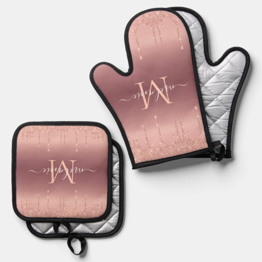 Roos Gold Glitter Sparkly Custom Letter Jouw naam Ovenwant & Pannenlap Set (Voorkant / Achterkant)