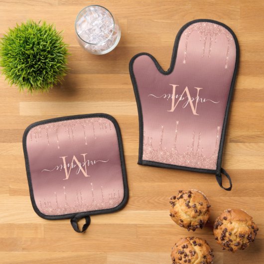 Roos Gold Glitter Sparkly Custom Letter Jouw naam Ovenwant & Pannenlap Set (Top down)